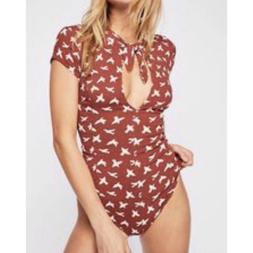 Free People Billie Bodysuit Women's‎ Large Brown Birds Stretch Resort Classic